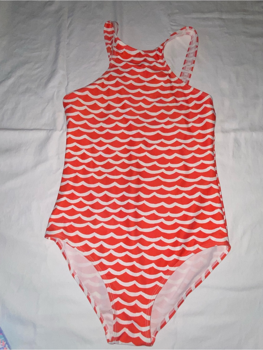 Classic High-Neck One-Piece Swimsuit - Red Wave Print